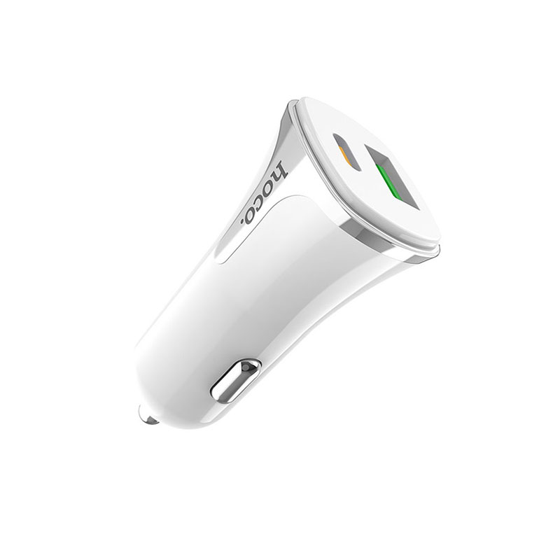 accessoires-137 Autolader Hoco -1xUSB QC 3.0 + 1xUSB Type C PD 3.0 met Lightning-USB Type C kabel wit - Afbeelding 1